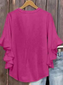 Blusa de unicolor con cuello en V y mangas con volantes para mujer talla grande, primavera - Rosa Fucsia - View 3