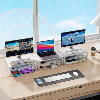 2-Tier Metal Monitor Stand Riser, Desk Accessories & Workspace Desk Organizers, Office Desk Storage Organizer For Office Supplies (White)