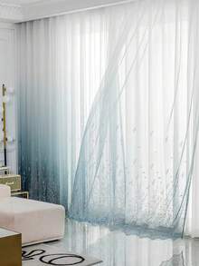 Cortina traslúcida con degradado azul nórdico, elegante y de lujo, con ganchos multifunción en la parte superior, adecuada para sala de estar, dormitorio, estudio, balcón, ventana de bahía, entrada y decoración del hogar en apartamento - Azul y blanco - Ver 6