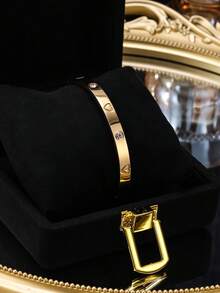 Bộ 3 vòng tay bằng thép không gỉ mạ vàng 18K hình trái tim đính đá, vòng tay hở bằng vàng 14K và đồng khảm đá Cubic Zirconia, phụ kiện thời trang hàng ngày cho nữ, quà tặng ngày lễ. - Vàng - Xem 3