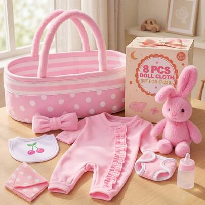  DREAMYDOLLY 8 Pieces Reborn Baby Doll Clothes 17-22 In With Bassinet Doll Clothes Accessories For Newborn Doll Clothes (17-22 In Pink Doll Clothes Accessories) Christmas Decoration Christmas Gift