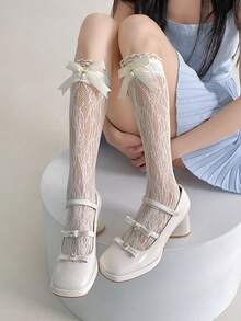 1/3 Pairs Spring/Summer Thin Knee-High Socks, Ballerina Style Mid-Calf Socks, Lolita Bow Socks, Mesh Hollow Stockings, No-Show Socks, Lace Trim Straight Tube Socks - Multicolor - View 6