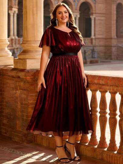 女士大码渐变雪纺不对称晚礼服，适合婚礼宾客穿着