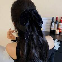 1pc Velvet Rhinestone Triple Bow Hair Claw - Black - View 5
