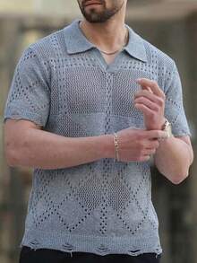 Áo len nam tay ngắn cổ polo cài khuy nửa thân, chất liệu lưới họa tiết kim cương, thoáng khí, màu xanh nhạt, thích hợp mặc đi làm, đi nghỉ mát, đi làm, mùa xuân/hè. - Màu xanh nhạt - Xem 2
