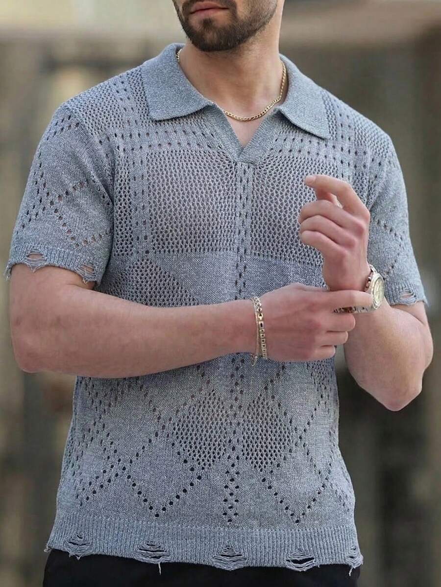 Men's Neutral Diamond Mesh Breathable Loose Casual Vacation Commute Polo Collar Half-Placket Short Sleeve Knit Top, Light Blue Sweater, Spring/Summer - Baby Blue - View 1