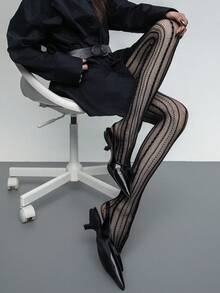 1 Pair Y2K Lace Hollow Out Pantyhose/Women's Ins Fashionable, Grunge Striped Fishnet Tights, Brown Transparent Grid Vertical Striped Thigh High Socks, Punk Rock Stockings Suitable For Party, Music Festival, Street Wear - Multicolor - View 13