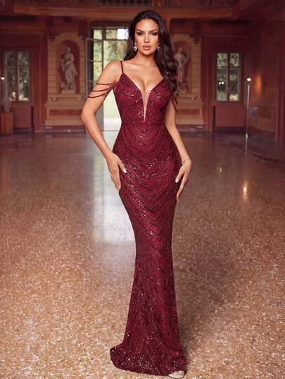 LOVE&LEMONADE Wine Red Sequin Patchwork Deep V-Neck Spaghetti Strap Backless Handmade Beaded Long Party Evening Dress (Front Top Half, Back Random Floral Pattern, Not Matched Floral)