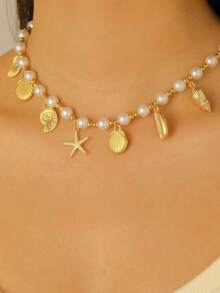金贝壳海星珍珠项链 - 波西米亚风仿珍珠颈链，海洋主题吊坠首饰，适合女性/女孩夏季假日派对礼物 - 金色款一 - 查看 1