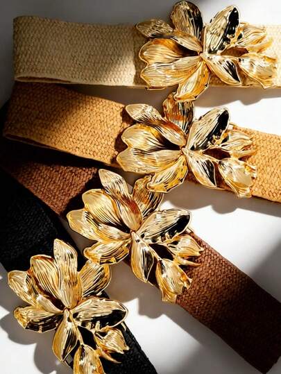 波西米亚风花卉图案弹力编织腰带，适合搭配夏季连衣裙，采用加厚优质金属扣和编织聚丙烯材料制成。