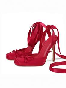 Ballet High Heels Pumps For Women Mary Janes Style Lace-Up Stiletto Heels With Bow Satin Square Toe Elegant  Strappy High Heels Women's Dancing Party Weeding Shoes  - Đỏ - Xem 4