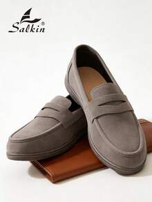 Salkin Mocasines deslizantes de moda para hombres, zapatos casuales de ante sintético, suaves, cómodos, transpirables y duraderos, zapatos planos versátiles para trajes, estudiantes, graduación, negocios, fiestas, bodas, primavera/verano/otoño, tallas grandes, disponibles en varios colores. Nota: Corre pequeño, por favor pida una talla talla grande grande. Elegancia de dinero viejo otoñal - Gris - Ver 4