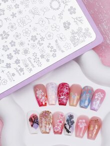 1件可重复使用的金属花卉美甲印花模板，包含芙蓉花、春樱花、雏菊花瓣和叶子图案，适合春夏美甲沙龙DIY美甲装饰 - 彩色 - 查看 8