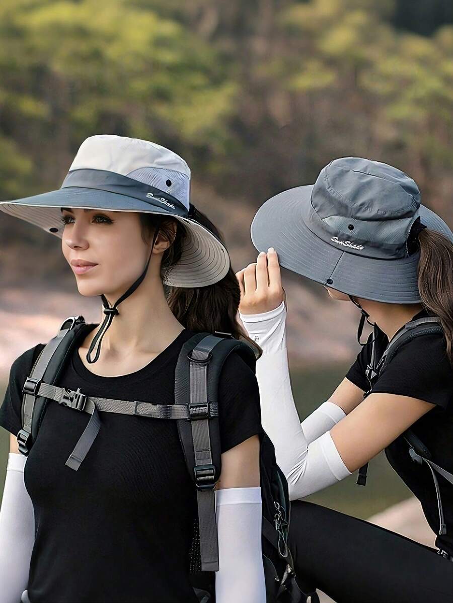 女士刺绣马尾孔防晒渔夫帽，户外钓鱼徒步遮阳时尚夏季防晒帽 - 彩色 - 查看 1