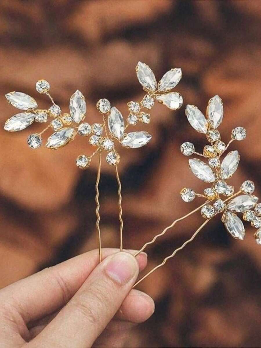2 Pcs (1 Pack) Bridal Wedding Hair Pins Gold Hair Clips Bridal Flower Women's Hair Accessories Hairpins,Elegant,Party - Gold - View 1