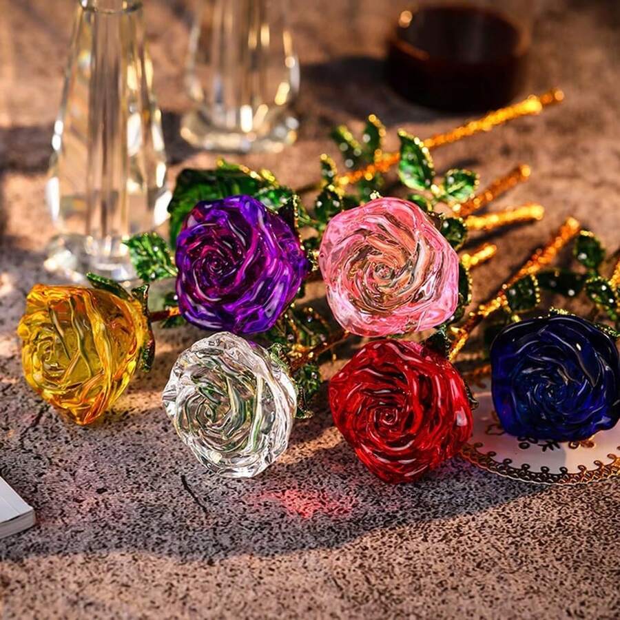 水晶玻璃玫瑰花，金属茎，单枝装饰玫瑰，手工玻璃艺术品，家居装饰，桌面摆件，节日礼物，情人节、母亲节、女士的完美礼物 - 彩色 - 查看 1
