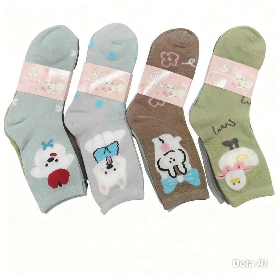 Women's Mid-Calf Socks With Cute Cat And Dog Cartoon Print, 35% Cotton, 65% Polyester, Sizes 35 To 40 - 彩色 - 查看 1
