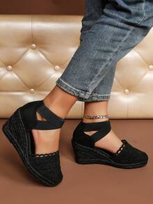 Women's Criss-Cross Elastic Mesh Floral Velvet Linen Rope Casual Wedge Shoes - All Black - View 5