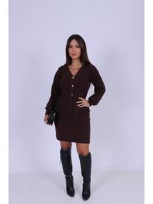 Classic Women's Pants And Vest Set With Buttons - Rust Brown - View 7