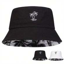 1 Men's Double-Sided Bucket Hat With Embroidered Small Tree Design, Stylish Outdoor Sun Protection, Casual Hat, Suitable For Spring And Autumn Travel, Beach Parties. - màu đen - Xem 2
