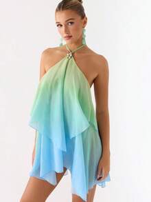 Bohemian-Style Women's Dress - Ombré Halter Neck With Tie Detail, Ruffled Sleeveless Design; A Stylish  Casual Summer Dress - 天藍色 - 查看 4