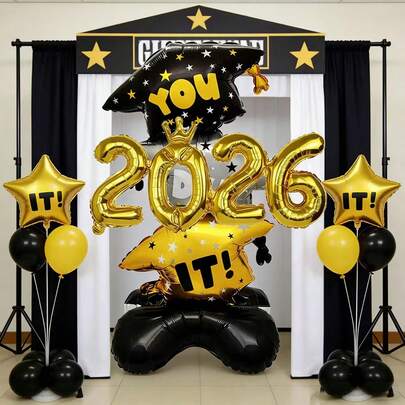 2pcs/Set 2026 Gold/Black/Silver Number & Standing Graduation Cap Balloons, Reusable, Graduation Party Balloons, Graduation Ceremony Decorations, Graduation Season Foil Balloons, Graduation Cap Stand Aluminum Foil Balloons, Suitable For School Graduation Ceremony Decor, Classroom Decor Balloons, Graduation Ceremony, Graduation Season, Graduation Photos, Photo Shoot Balloons, Graduation Party Supplies.