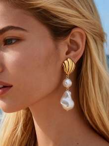 1 Pair Stainless Steel Asymmetrical Textured Shell & Faux Pearl Dangle Earrings, Women Summer Beach Jewelry - Multicolor - View 2