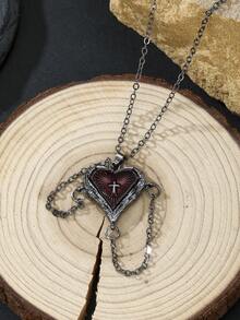 1pc Gothic Dark Heart Cross Feather Wings Embrace Heart Pendant Necklace Women's And Men's Creative Jewelry Party Gift - Necklace - View 3