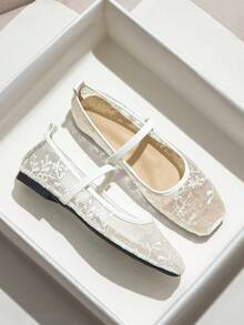 女士舒适套脚平底鞋，欧美风玛丽珍平底鞋，春夏透气网面芭蕾舞鞋，方头镂空软底鞋 - 白色 - 查看 3