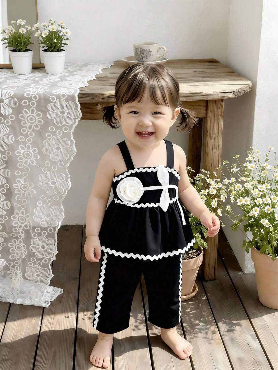 2pcs Baby Girls Elegant Black Camisole Top + Pants Set, Summer Outfit - Black - View 1