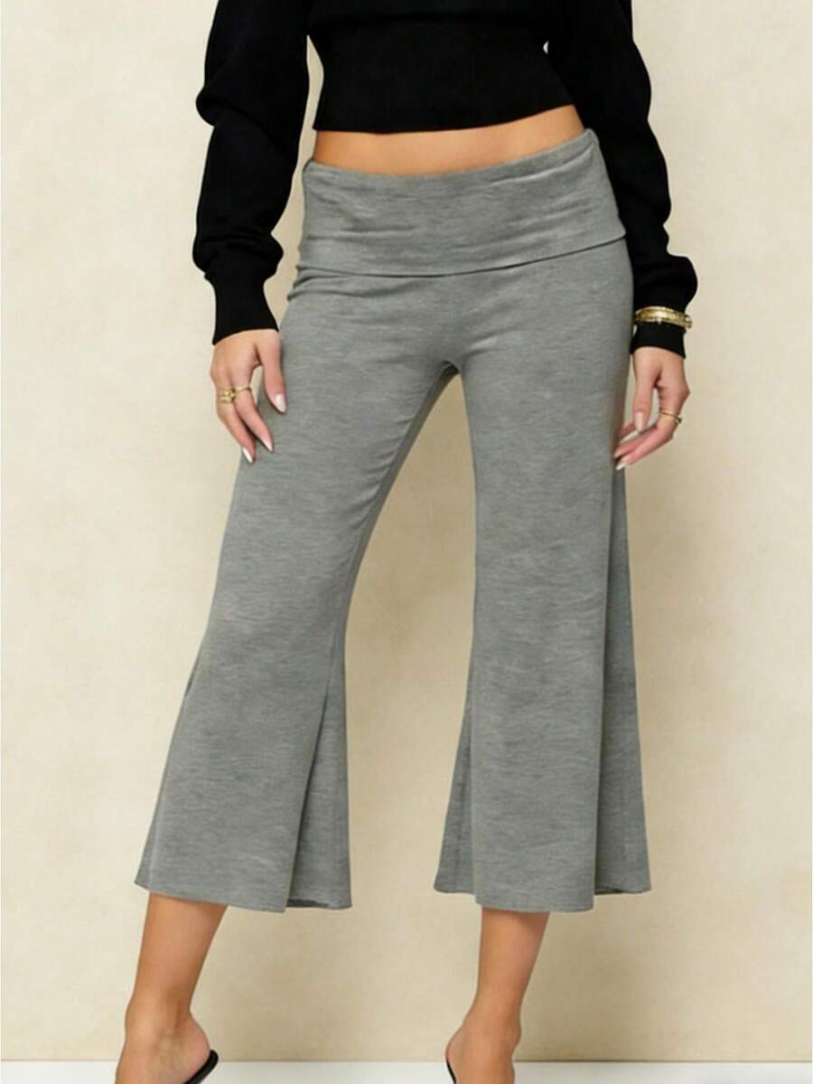 Women's Fold Over Waist Capri Fashionable Casual Solid Color Low Rise Wide Leg Crop Pants - Grey - View 1