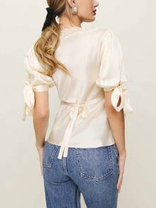 Womens Summer Satin Tops Lace Patchwork Short Puff Sleeves V-Neck Blouse With Adjustable Ribbon Ties - 香檳色 - 查看 4