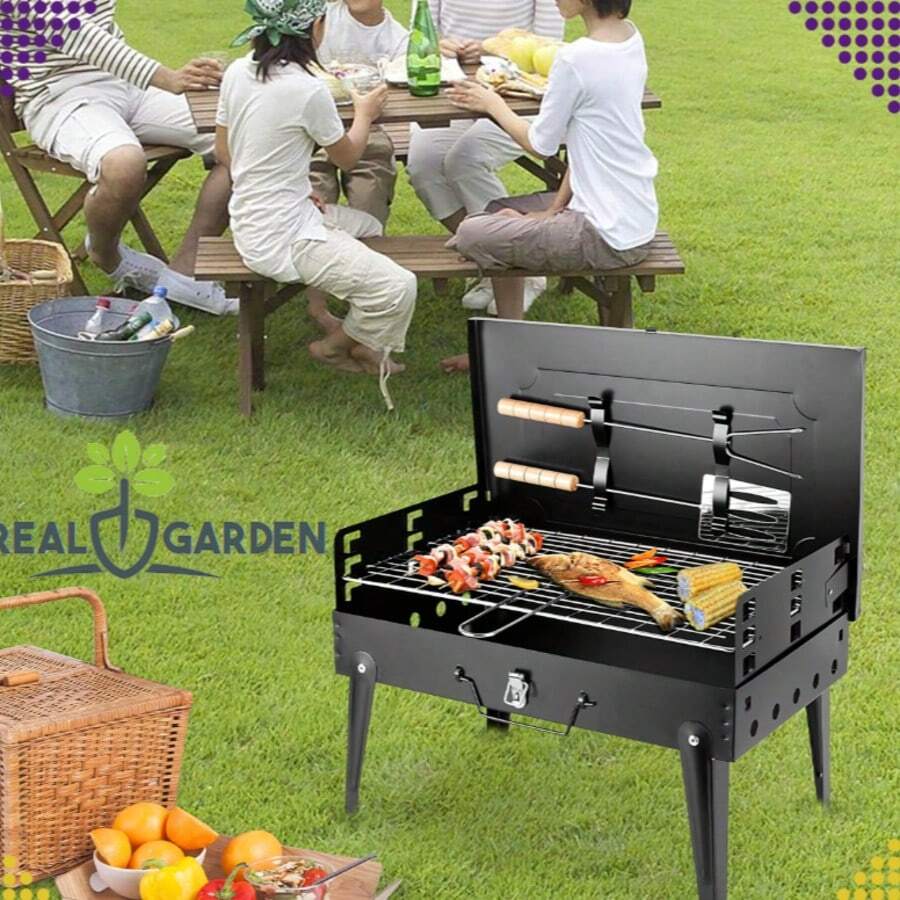 Parrilla de carbón portátil plegable con diseño de maleta, con parrilla y juego de cubiertos. Ligera, compacta, fácil de transportar y guardar, se despliega rápidamente. Barbacoa multicombustible para acampar, hacer senderismo, picnics, jardín, balcón, terraza, playa, viajes al aire libre, viajes por carretera, autocaravana, patio, barbacoa familiar y aventuras turísticas. Fácil de limpiar y lista para usar. - Negro - Ver 1