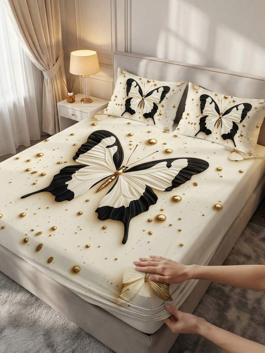 1pc Butterfly & Floral Pattern Fitted Bedsheet, Comfortable Home Textile, Breathable Anti-Pilling Bed Cover, Suitable For Bedroom & Dorm Decor, Fits Twin, Full, Queen, King Size Beds, All Season, Machine Washable, Dust-Proof & Non-Slip, Excludes Pillow & Pillowcase, Perfect Holiday Gift