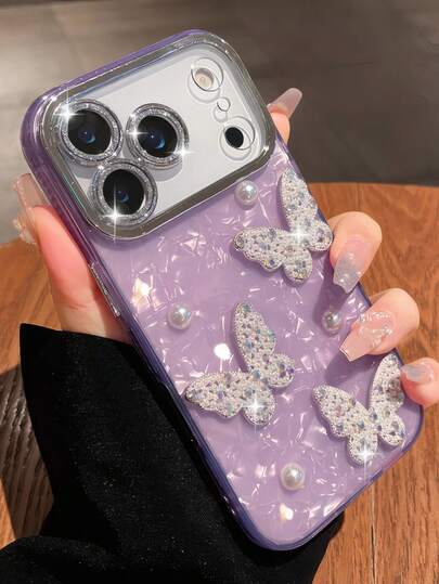 奢华3D珍珠蝴蝶贝壳纹理闪光摄像头保护手机壳，兼容 17 Pro Max/17 Pro/17 Air/14/13/15/16 Pro Max/13/14/15/16，纯色不规则水波纹纹理防震边框后盖，极光设计外壳