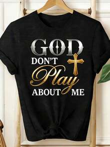 Women Shirt God Dont Play About Me Cross Print  Print Casual Sport Wear Summer Autumn T-Shirt - 黑色 - 查看 3
