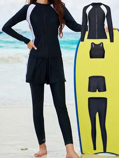 四件套女士黑白极简拉链长袖泳衣，沙滩冲浪打底裤，运动文胸，速干短裤，复古保守运动泳装套装，适合骑行和游泳