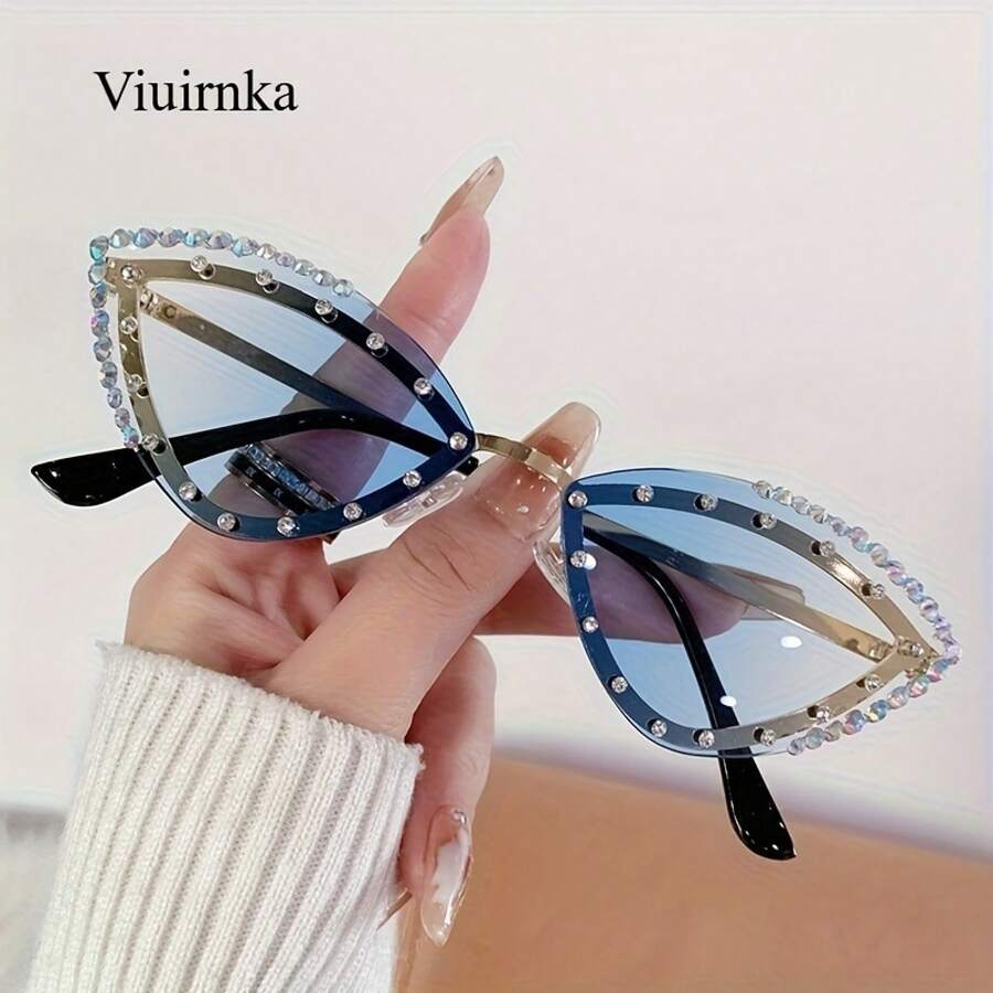 A Summer Essential, Stylish Cat-Eye  With Rhinestone Details,  Metal Frame Design, Protective, Perfect For The Beach, Vacations, Travel, And Cruises, High-Quality And Durable, Ideal For Women's Daily Wear, Street Photography, And As A Holiday Gift - Màu hồng chuyển sắc - Xem 1