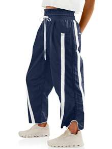 Women's Y2K Track Pants Contrast Color Wide Leg Drawstring Elastic Waist Casual Workout - Navy Blue - View 3