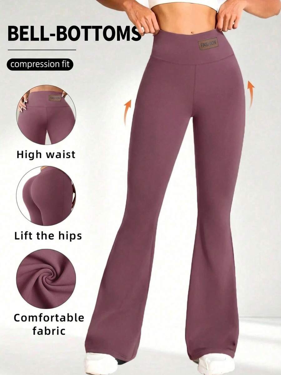Women's High Waist Flare Pants, Lifting Waist Slimming Wide Leg Casual Pants, Solid Color All-Season Fitted Vacation Trousers - Red Violet - View 1
