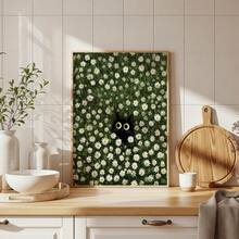 1幅无框黑猫从白色雏菊花丛中窥视的艺术印刷品，充满奇思妙想的田园风海报，适用于卧室、宿舍、客厅装饰，返校季，趣味海报，礼物 - 黑貓 - 查看 3