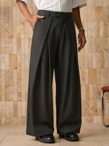 Men's Striped Print Zipper Crossover Loose Pants, Fall - Black - View 7