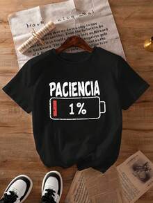 Women's T-Shirt With A Red Battery Icon Indicating 1% Battery Level, Casual Style, Round Neck And Short Sleeves, Suitable For Spring, Summer, Autumn, Back To School, Etc. - Black - View 5
