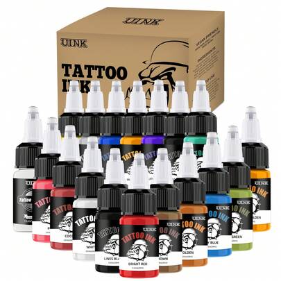 DQFART 7 قطع/18 قطعة مجموعة حبر الوشم، 2/3 أونصة (20 مل)، حبر وشم احترافي، ألوان زاهية دائمة، صبغات معقمة، مناسبة للتحديد والتلوين، تطبيق سلس ومتساوٍ، مثالية لفناني الوشم