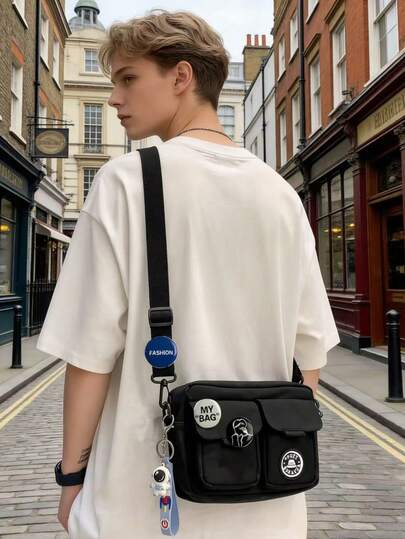 1pc Badge, DIY Crossbody Bag, Unisex New Arrival, INS Viral Niche Design Small Square Shoulder Bag, Suitable For Daily Commute, School, Skateboarding, Music Festivals, Short Trips, Weekends, Hanging Out With Friends, Youth, Street Style Experts, Personalized Bloggers