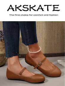 AKSKATE Women's Multi-Color Mary Jane Round Toe Flats | Buckle Strap Soft Sole Slip On Shoes | Versatile For Office, Commute & Daily Wear - 棕色 - 查看 5