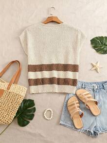 Women's Retro Summer Knit Top: V-Neck, Striped Texture Design, Side Slit Loose Sleeveless Fit, Versatile Casual Wear - Khaki - View 8