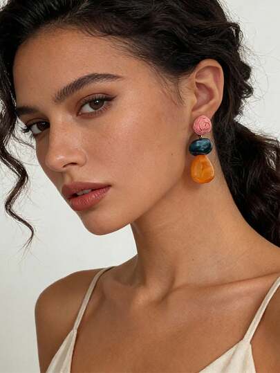 Niche Retro Resin Casual Geometric Raffia Flower Minimalist Charm Earrings For Women