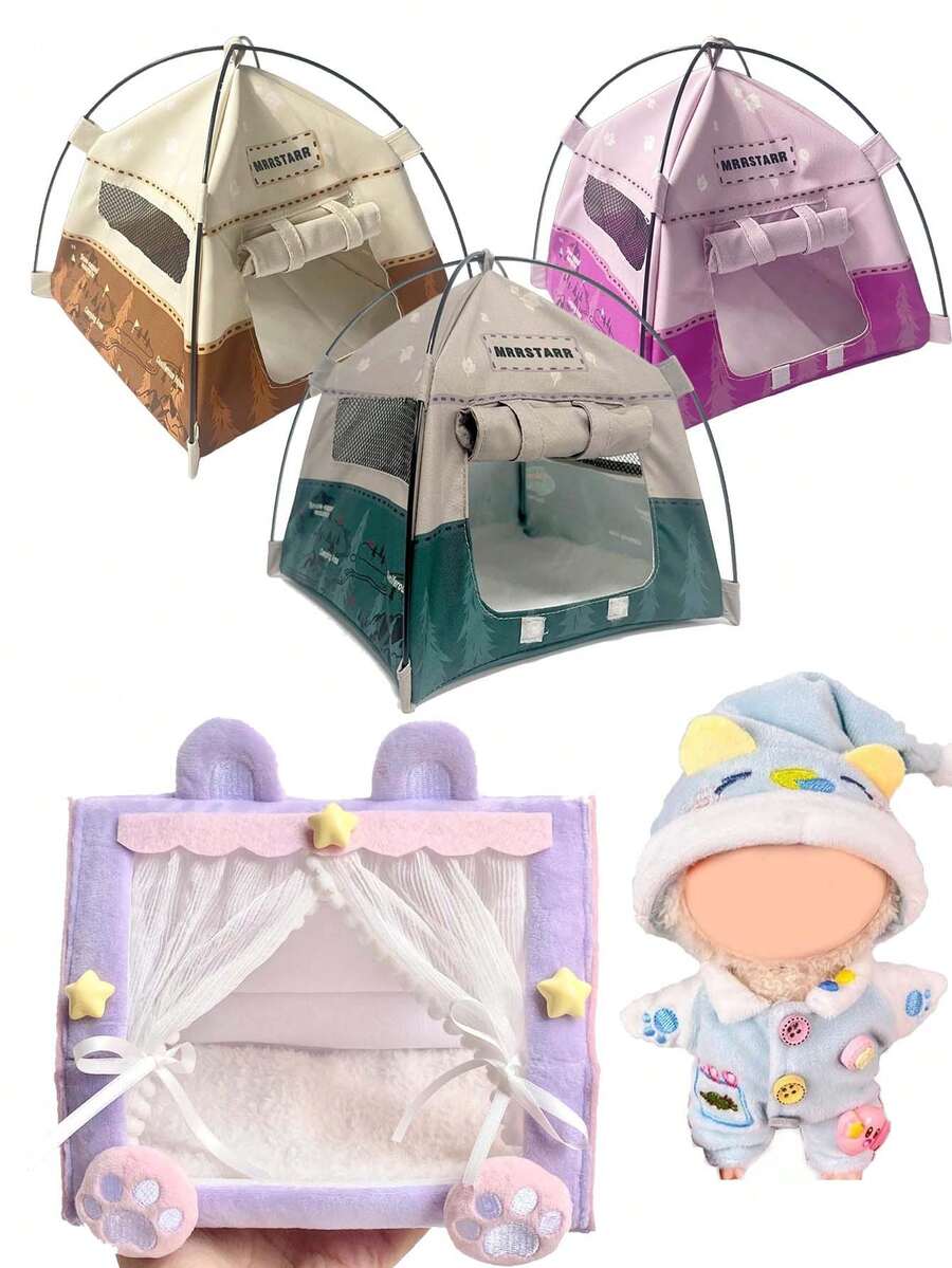 （仅适用于Labobo娃娃床）创意可爱动物Labobo娃娃帐篷床，10厘米/17厘米LBB人偶摄影露营迷你帐篷桌面装饰，家居工艺模型屋露营帐篷套装 - 彩色 - 查看 1