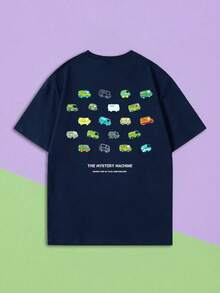 SHEIN X SCOOBY-DOO Áo thun nữ tay ngắn cổ tròn dáng rộng trễ vai, in hình hoạt hình đội phiêu lưu cổ điển Mỹ, màu xanh navy, chất liệu mềm mại thoáng khí, thích hợp mặc đi làm, phong cách đường phố Y2K, vintage Mỹ, phong cách sinh viên, lễ hội âm nhạc, hội nghị anime và những buổi đi chơi cuối tuần. - Màu xanh hải quân - Xem 1